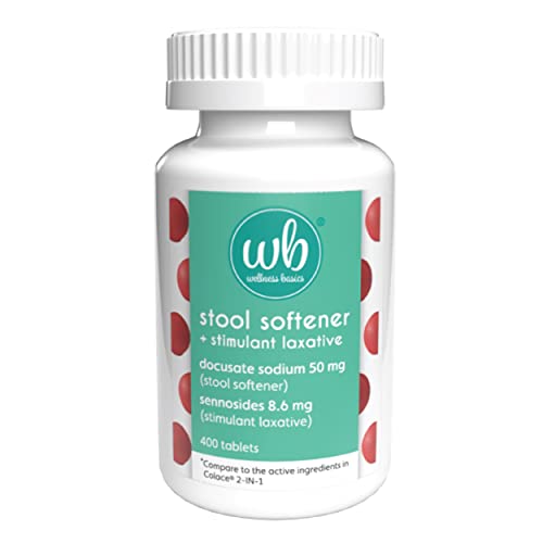 Wellness Basics Stool Softener with Laxative Docusate Sodium (50mg) + Sennosides (8.6mg) Tablets, Red, 400 Count (Pack of 1)