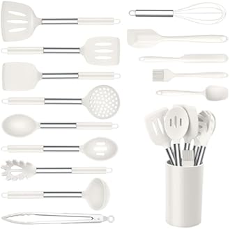 Onader Silicone Kitchen Utensils Set, 15pcs White Silicone Cooking Utensils Set with Holder, Includes Heat Resistant Spatula Turner Spoon Whisk Tong