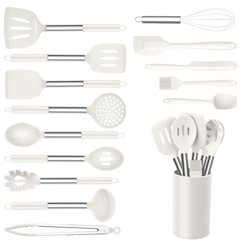 Onader Silicone Kitchen Utensils Set, 15pcs White Silicone Cooking Utensils Set with Holder, Includes Heat Resistant Spatula Turner Spoon Whisk Tong