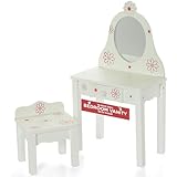 Emily Rose 18' Doll Vanity & Chair Set - Wooden Pink & White Floral Bedroom Furniture Collection with Working Drawer & Hidden Storage - USA Brand – Compatible with American Girl Dolls