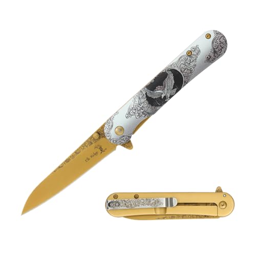 Elk Ridge Premium Decorative Folding Knife, 8 Inch Overall Length, Gold Handle with Eagle Engraved Design, 3.5 Inch Stainless Steel Blade, Camping, Hunting, Collectible