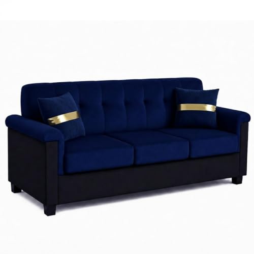 Image of FURNY Woodswave 5 Seater Sofa Set with Velvet Fabric, 3+1+1+2 Puffy Sofa Set for Living Room (Blue-Black) | Durable & Comfortable | Ideal for Living Room