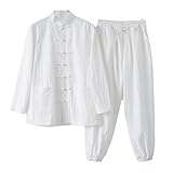 Chinesisches Kung Fu Kostüm, langärmelig, chinesisches Kostüm, chinesisches Kostüm, Baumwoll-Leinen, traditionelles Kostüm, Weiß 1, XXL