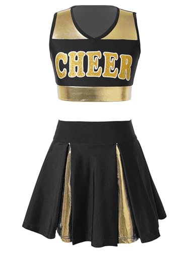 Moily Kids Girls Shiny Cheerleading Outfit Crop Top with Pleated Skirts Rooter Team Uniform
