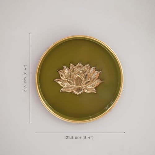 Image of BEHOMA Lotus Metal Wall Plate Olive Green & Gold 8.4 inch