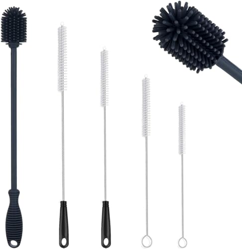 ALINK 5-Pack Silicone Bottle Brush Cleaner Set, Eco Slim Long Handle Water Bottle Straw Cleaning Brush for Milk Bottles, Tumbler, Wine, Manna, Glasses, Soda Stream and Narrow Neck Container – Black