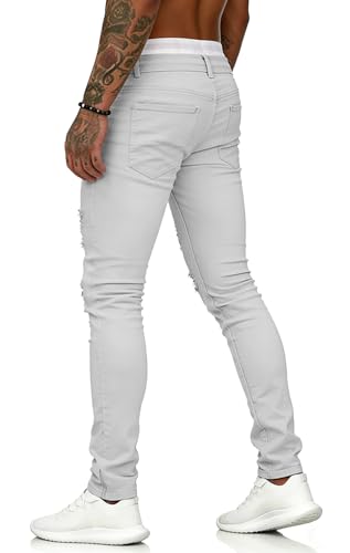 Image of HUNGSON Men's Blue Slim Fit Jeans Stretch Destroyed Ripped Skinny Jeans Side Striped Denim Pants