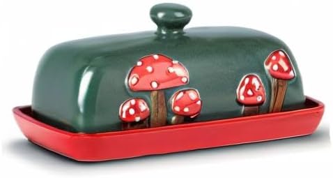 Miniatura 8 de Mantequera de Cerámica en Forma de Seta con Tapa para Encimera - Bandeja de Contenedor Rojo, Grande Cubierta