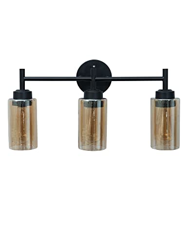 Image of Homesake Black Wall Sconce,Modern Bathroom Wall Light Fixtures 3-Light Bathrooms Vanity Light, Bathroom Lights Over Mirror, Farmhouse Glass (Amber)