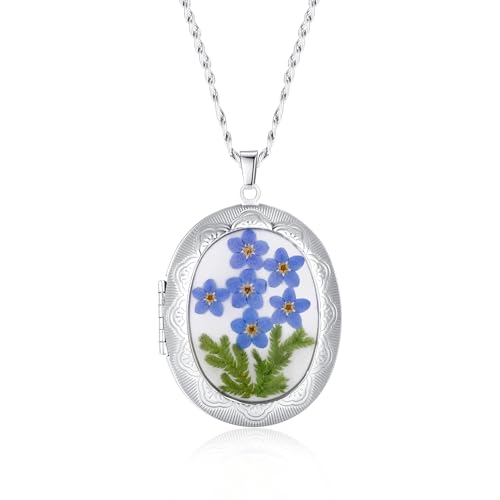 Locket Necklace Photo Lockets that Hold Picture | Forget-Me-Not and Plant Pressed Flower Locket Necklace | Polished Oval Pendant | Chain 25.6