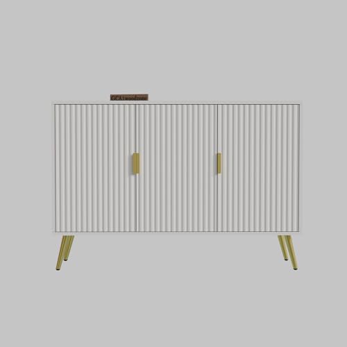Image of Wooden Sideboard Cabinet for Living Room | Side Board with 3 Doors Cabinet Storage for Dining, Drawing and Home Office | HDMR Premium Wood & Iron, Warm White & Golden