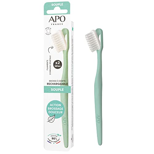 APO France - Brosse à dents - Rechargeable - Souple - Adulte - (1 manche + 2 têtes) couleur Nude ou Aqua aléatoire - D’Origine Végétal - Fabrication Française - Zéro déchet Cover