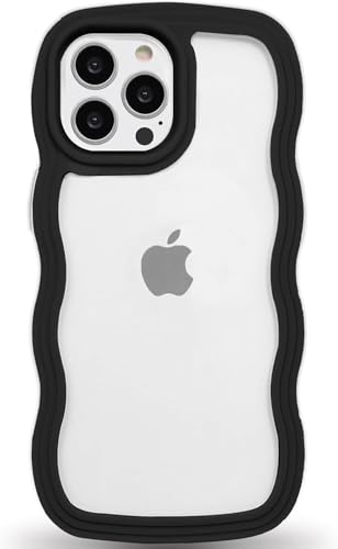 Image of GoldKart iPhone 14 Pro Max Case Wavy Edge Clear Back Design, Anti-Slip Grip Cute Wave Curly Frame Shape Shockproof Soft TPU & Hard PC Bumper Protective Phone Case Cover for Women Girls - Black