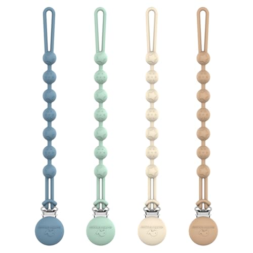 Image of Cuddle Campus Silicone Pacifier Clip Holder with One Piece Design, Pack of 4 Soft Flexible Binky Clips with Texture for Baby Boy and Girl Set 1(6M+)