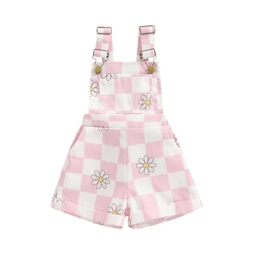 Ayalinggo Toddler Baby Girl Sunflower Print Overalls Shorts with Pocket Suspender Trousers Cute Summer Clothing Outfit (checkerboard pink, 6-12 Months)