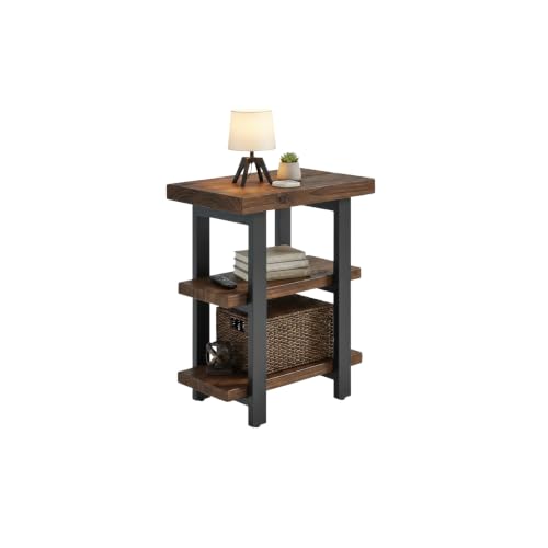 Image of Alaterre Furniture Pomona Solid Wood 3-Tier End Table, Rustic Brown, 20 inch | Small Side Table or Nightstand with Storage Shelf and Metal Legs, Rustic Farmhouse Chair Side Table for Living Room & Bedroom