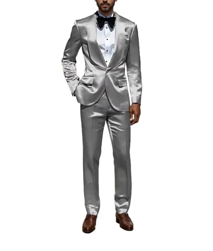 Men's Silk Satin Suits 2 Piece Casual Suit for Men Slim Fit Shiny Tuxedo Suit Blazer Jacket Pants Sets for Wedding Party Prom - Main Image