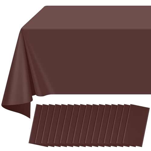 Image of 16 Pack Brown Plastic Tablecloth for Rectangle Tables, Premium Decorative Brown Disposable Table Cloths for Parties, Bulk Rectangle Party Table Cover for Birthday, Wedding, Anniversary, 54 x 108 Inch