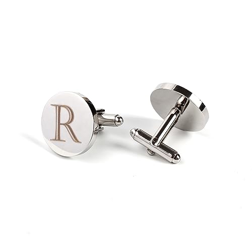 Image of Mens Initial Silver Cufflinks A-Z Alphabet Letter Steel Cuff Links with Engraved Walnut Wood Box Groom Groomsman Wedding Set