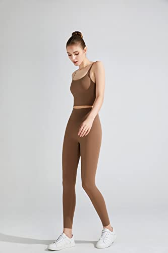 Leggings capris de compresión para mujer mallas marrones L con control de abdomen para fitness yoga 2