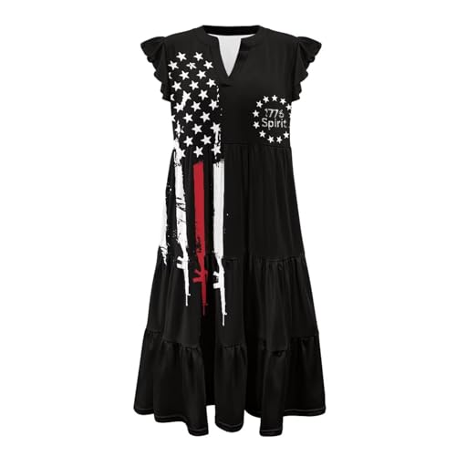Image of Women's Casual Ruffle Sleeve Dress V Neck Pullover Dress Flowy A-Line Pleated Lightweight Dress with Pockets
