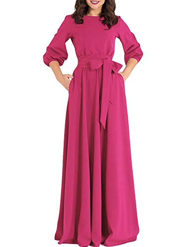 AOOKSMERY Women Elegance Audrey Hepburn Style Round Neck 3 4 Puff Sleeve Swing Maxi Dress Long Belt Dresses with Pockets (Fuchsia, Medium)