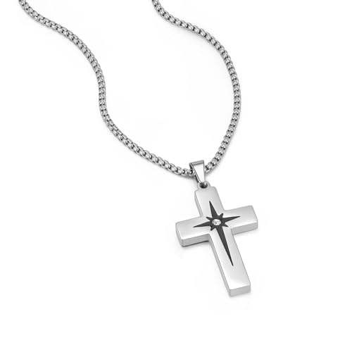 Cross Necklace for Men, Stainless Steel Christian Cross Pendant Necklaces for Men, Silver Chain Necklace for Men, Fade-Resistant, Stylish Jewelry Gift for Him