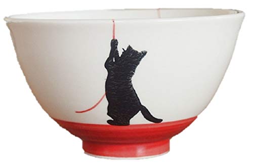有田焼 毛糸玉と猫 ご飯茶碗 赤