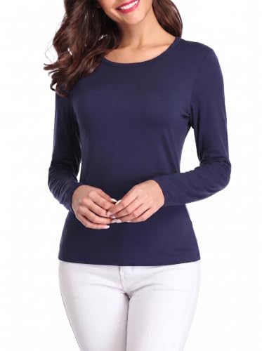 Fuinloth Women's Basic Long Sleeve T Shirts, Crewneck Slim Fit Spandex Tops, Plain Layer Underscrub Tees Navy Blue Medium