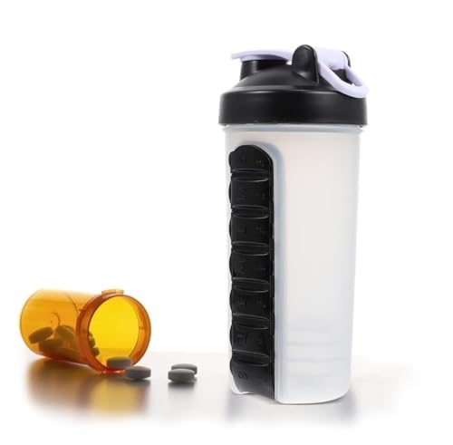 J.B.Y JUST BE YOURSELF 2-in-1 Water Bottle and Pill Organizer, 600ml Capacity, 7 Compartments outdoor capsule cup medicine box dispenser (Shaking Cup Black)