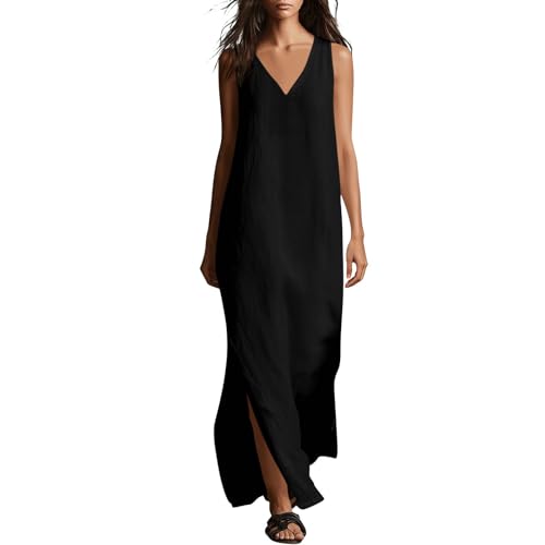 Vestidos Verano Mujer Vestidos Casual 2026 Cuello En V Tirantes Elegantes Algodón Y Lino Frescos Vestido Largo sin Mangas Transpirable Ligero Boho Fiesta Playa Vacaciones