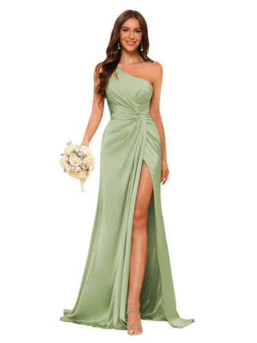 Women's One Shoulder Ruched Bridesmaid Dresses Long with Slit Satin Formal Prom Dress VS117