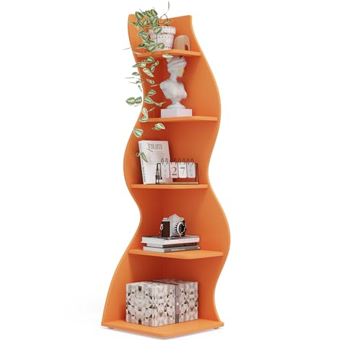 Image of Tribesigns Corner Shelf, Modern 5-Tier Wall Corner Bookshelf, Stylish Corner Small Bookcase Storage Rack Plant Stand with Unique Shape for Living Room, Home Office (Orange, 1PC)