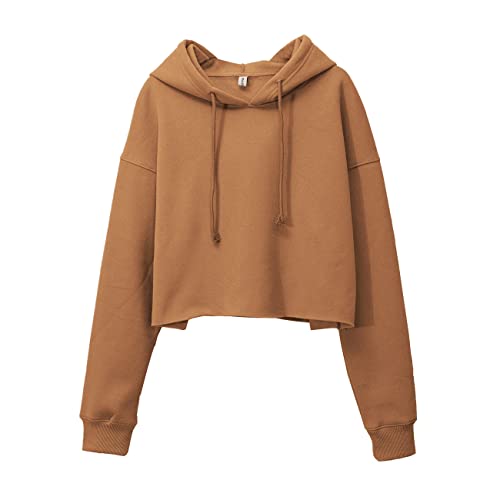 Amazhiyu Women's Cropped Hoodies Long Sleeves Fleece Crop Top Sweatshirt with Hooded Brown, Small