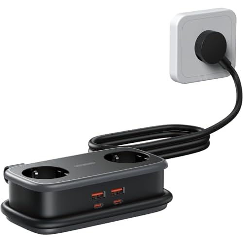 NTONPOWER 2 Fach Steckdosenleiste mit USB-C 65W PD, Flachstecker Mehrfachsteckdose USB Schnellladen für Reise, Zuhause, Büro, 2500 Watt Verteilersteckdose 1,5 Meter, Schwarz Schwarz 65W
