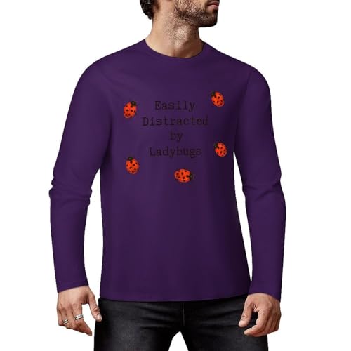 Camiseta de manga larga de algodón de primera calidad con diseño de mariquitas, para hombres y mujeres, Estilo morado profundo, L