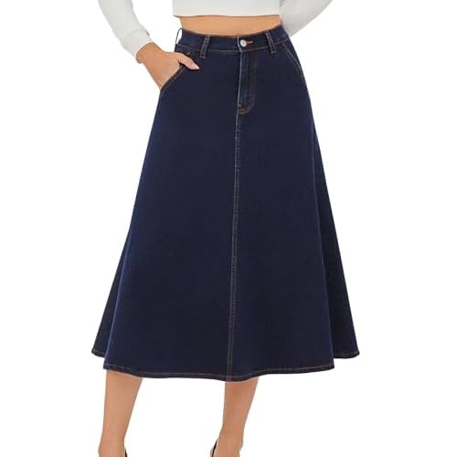 HUSKARY Women's Stretchy High Wasited A Line Long Maxi Jean Skirt Below Knee Length Flared Midi Denim Skirts with Pockets X-Large Blue Black