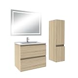 AICA Ensemble Meuble Salle de Bain 60cm Simple Vasque avec Colonne et Miroir 3 Couleurs Chêne Wotan