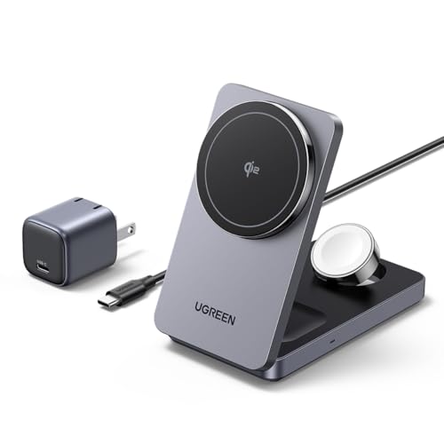 UGREEN MagFlow Qi2 3-in-1 Charger Station for iPhone 16, Foldable Wireless Charger Stand Compatible with iPhone 16/15/14/13/12 Series, AirPods 3/2/Pro, Smartwatch (Included 30W Adapter)