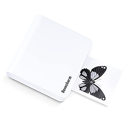 BeneCharm Pocket Portable Printer - Mini Bluetooth Printer Pocket Thermal Sticker Printer Use for iOS + Android for Study Notes, Labels, Work List Printing, Black and White Picture - White