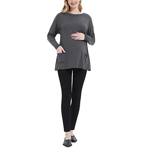 Ginkana Maternity Top Dolman Long Sleeve Round Neck Loose Pullovers T Shirts Casual Pregnancy Tops With Pocket Work Wear,Dark Grey,L #TOP3