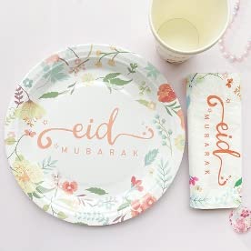 51 piece Eid Decorations & Tableware Kit (for 10) - consisting of 10 disposable plates, 10 cups, 20 napkins, 10 straws and a banner (Vintage Floral)