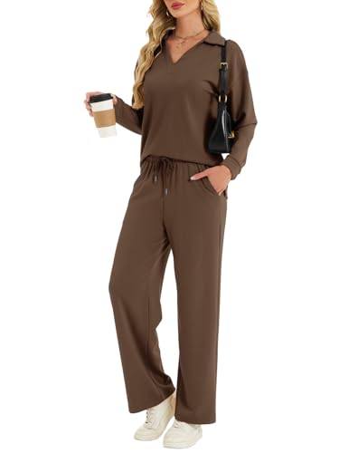 YOKGO Two Piece Sets for Women Casual Fall Lounge Sets Long Sleeve V-Neck Tops Wide Leg Pants Vacation Travel Outfits