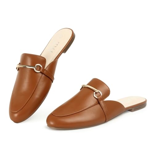 Image of MUSSHOE Gold Buckle Mules for Women - Comfortable Memory Foam Loafers, Classy Slip On Flats for Office Business Casual, Dressy Pointed Toe Shoes