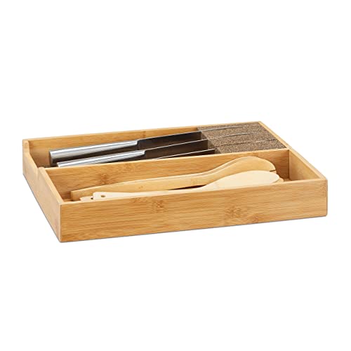 Relaxdays Cuberteros para Cajón Cocina, Bambú, Cuchillero, Portacubiertos, Soporte Cuchillos, 6,5 x 38 x 30 cm, Natural