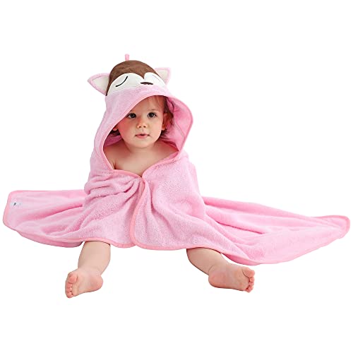 MICHLEY Bamboo Viscose Baby Hooded Bath Towel for 0-5 Years Boys and Girls, 29.5 x 39.5 Inch Ultra-Soft and Quick-drying Infant Bath (Pink Fox)