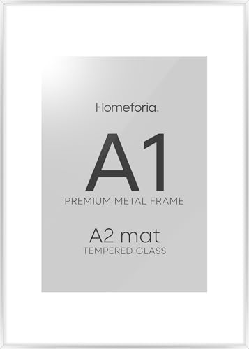Image of Homeforia A1 Silver Poster Frame, High-End Metal, A2 Mat, Glass | High End Aluminum, Tempered Glass, Acid-Free A2 Removable Mat, A1 Edge-to-Edge Display, Wall Kit, Set Of 2