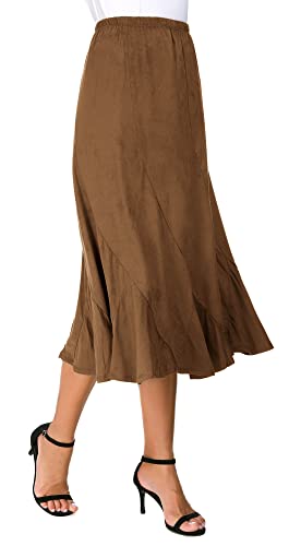 Women's Elegant Ankle Length Ruffle Hem Elastic Waist Suede Midi Skirt (M, Brown)2