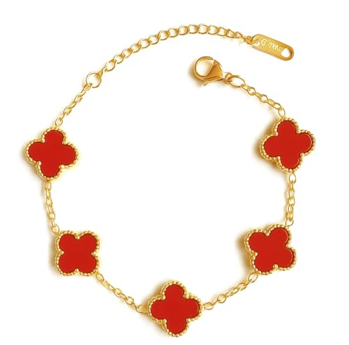 Image of STYOLLO Four-Leaf Clover Anti Tarnish Bracelet for Women & Girls Stylish | Elegant Gold-Plated Lucky Charm Jewelry | Aesthetic Enamel Design Adjustable Chain Bracelet for Daily, Gifting & Festive