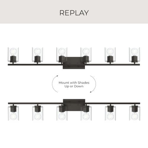 Image of Progress Lighting Replay 48 Inch 6-Light Vanity Light, Transitional, Antique Bronze with Clear Glass Shades, (7.875 inch H x 48 inch W x 6 inch D), P300585-020